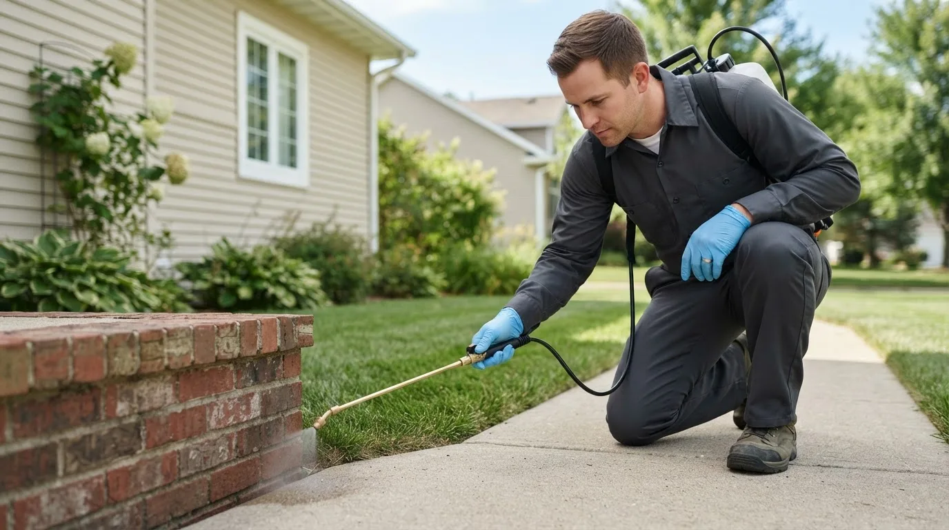 Pest control technician treating a home near Bevington, IA