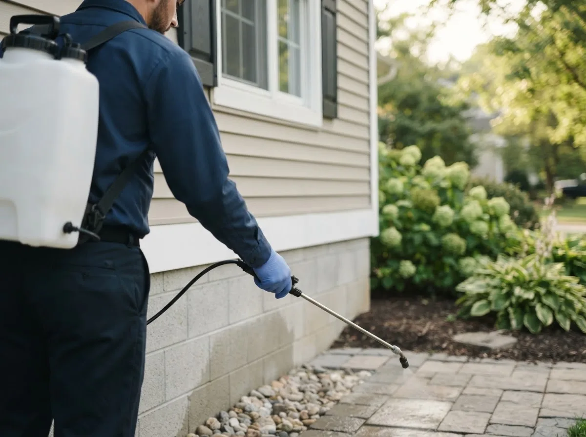 Pest control technician inspecting a home in Bevington, IA